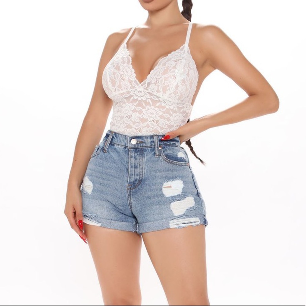 Blue denim hi-rise mom shorts